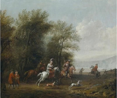 Huntsmen setting out for coursing; Huntsmen and horsemen resting by a tavern, pendants, (2)