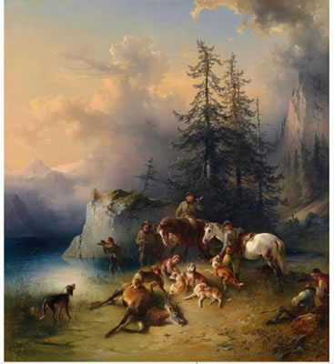 At the End of the Hunt; Hunters, Beaters and Dogs with a Stag they've hunted down