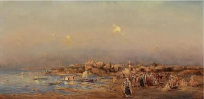 Oriental Coastal Scene with Traders on the Shore