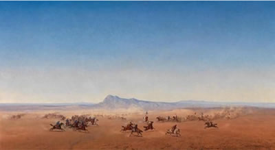 Battle on Horseback between Arabs and the French Colonial Cavalry (Chasseurs d'Afrique), the Arabic Standard-Bearer with the Green Flag of the Prophet, North Africa around 1860/70