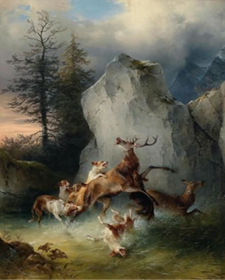 Two Deer being Hounded by Dogs in a Mountain Stream