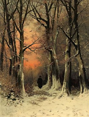 A Winter Woodland with a Woman Gathering Brushwood in the Evening Light