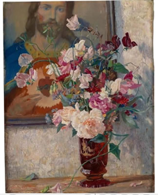 Vetches and roses with image of the Sacred Heart of Jesus by Switbert Lobisser - Auction record, sale price, and art valuation. Compare with similar artists and explore comparable artworks.