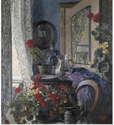 Still life with geraniums, water jug and mirror in front of a window by Josef Stoitzner - Auction record, sale price, and art valuation. Compare with similar artists and explore comparable artworks.
