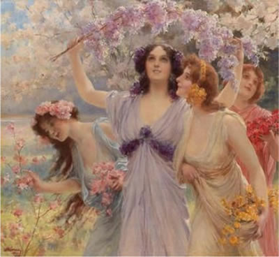 Four Graces Beneath Trees in Blossom