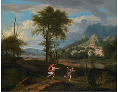 Apollo and Daphne in a hilly landscape and Travellers resting in an ideal Arcadian landscape