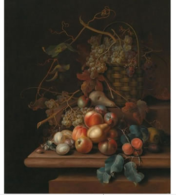 Still life of fruit in a basket by George William Sartorius - Auction record, sale price, and art valuation. Compare with similar artists and explore comparable artworks.