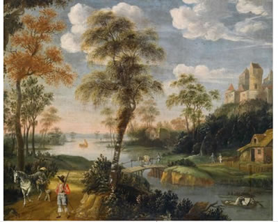 River landscape with a castle on a mountain and figural staffage
