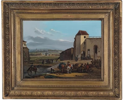 Soldiers resting outside a fortress