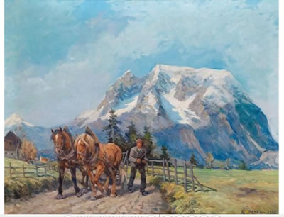 A peasant and his horses in a mountainous landscape