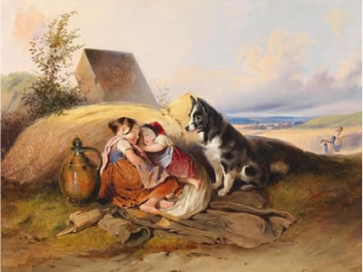 Two Children Sleeping in a Field at Lunchtime, Guarded by a Dog