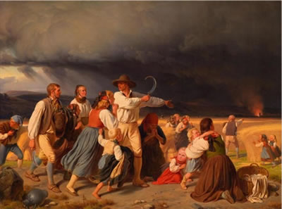The Storm, Country Folk in the Fields Rushing to Save their Village from the Fire which has been started by Lightening