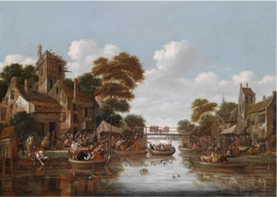 Dutch canal scenery with numerous figures in boats delighting in the public entertainment of „goose pulling"