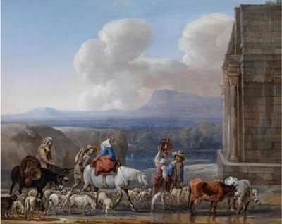 Shepherds and travellers in the Roman Campagna before a triumphal arch