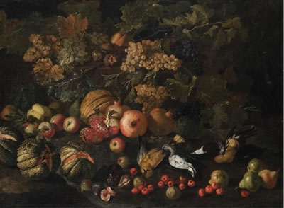 Pomegranates, grapes, pumpkins, dates and pears with birds / Melograni, uva, zucche, fichi e pere con uccelli