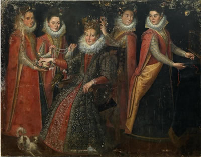 Portrait of five women, with a dog and a parrot