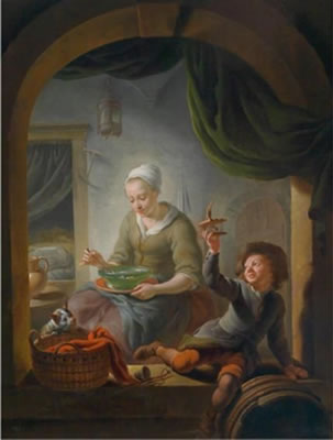 An interior with a young woman and a boy with a mouse trap