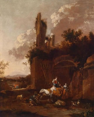 Southern landscape with resting shepherdesses before ruins used as a stable