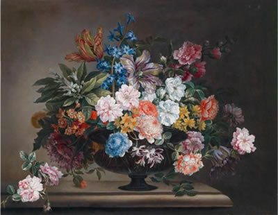 Still life of flowers in a glass vase placed on a stone pedestal