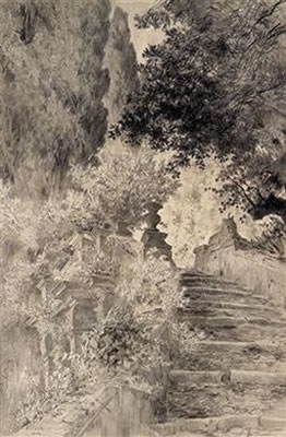 A staircase to a garden villa near Rome