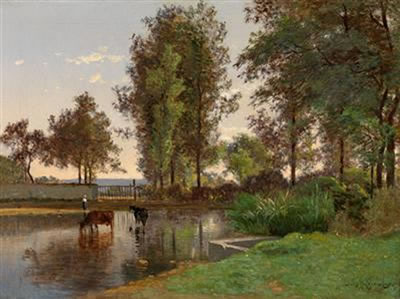 Summer Landscape with Pond by Auguste Dandoy - Auction record, sale price, and art valuation. Compare with similar artists and explore comparable artworks.
