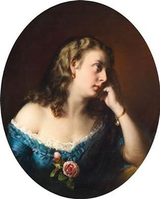 Lost in Thought, Lady in a Blue Dress with Roses by Aristide Oeconomo - Auction record, sale price, and art valuation. Compare with similar artists and explore comparable artworks.