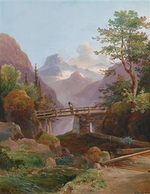 Landscape in the High Mountains with a mother and her child as decorative figures on a footbridge