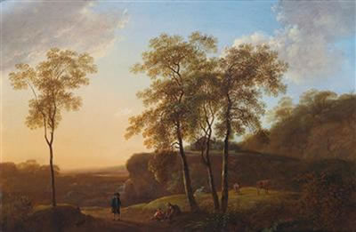 Nocturnal mountain landscape with travellers