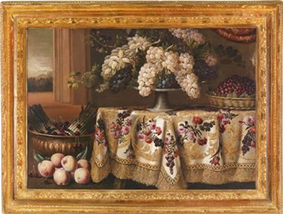 Still life with grapes on a table covered with a cloth embroidered with floral motifs, flanked by bundles of asparagus and peaches by Antonio Gianlisi Jr - Auction record, sale price, and art valuation. Compare with similar artists and explore comparable artworks.