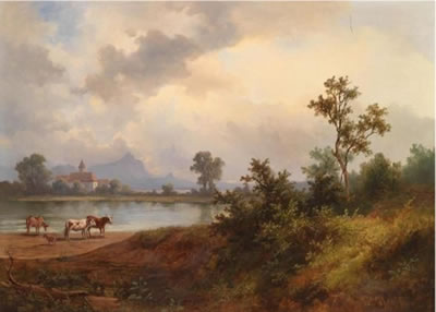 Landscape in the Alpine Foothills with a Chapel by Water