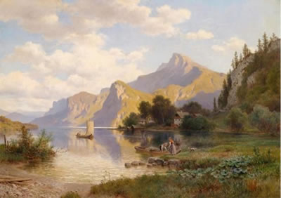 Fishermen Returning Home on an Alpine Lake (Salzkammergut?) by Ludwig Georg Eduard Halauska - Auction record, sale price, and art valuation. Compare with similar artists and explore comparable artworks.