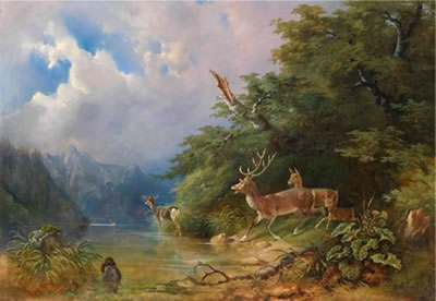 Herd of Red Deer on the Lake Shore
