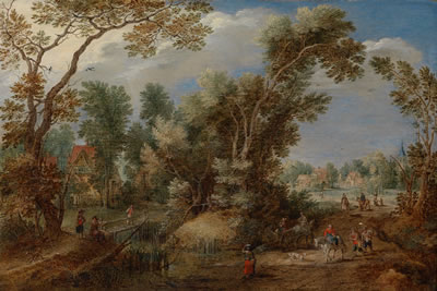 Wooded landscape with a view of a village