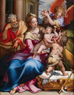The Holy Family and the Infant Saint John the Baptist with an angel and flowers