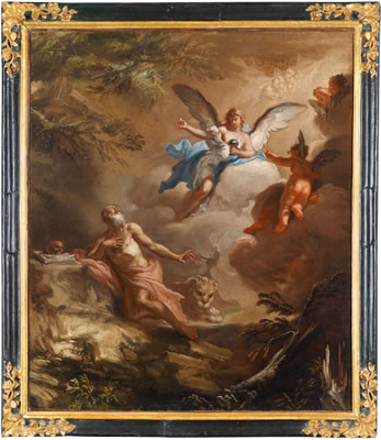 Two landscapes with religious staffage: 1. An angel presenting the Communion to St. Jerome in the desert, 2. Two angels presenting the Cross to the penitent Magdalene