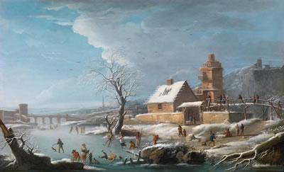 A winter landscape with ice skaters