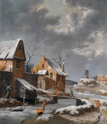 A winter landscape with buildings by a canal