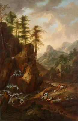 Mountainous landscape with travellers on a landing stage by Christian Hilfgott Brand - Auction record, sale price, and art valuation. Compare with similar artists and explore comparable artworks.