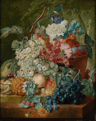 Still life with grapes, peaches, pineapple and flowers on two stone slabs and in a basket