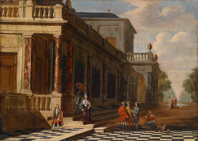 An elegant company in front of a palace
