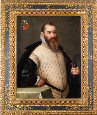 Two portraits of a married couple belonging to the prominent Augsburg patrician family Adelgais(s) or Adelgeis; the male portrait bearing the family's coat of arms at upper left and inscribed ".ANNO.1597." as well as with the sitter's age ".AETATIS.51." a