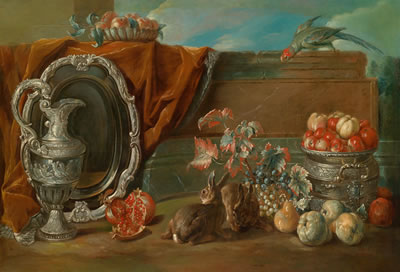 A still life with two rabbits, a parrot, fruit and ornamental silver objects by Claude-François Desportes - Auction record, sale price, and art valuation. Compare with similar artists and explore comparable artworks.