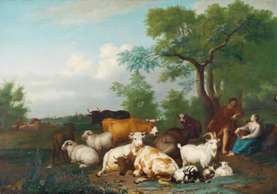 A pair of herdmen with cows in a landscape