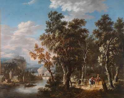 Landscape with travellers on a pathway through a wood