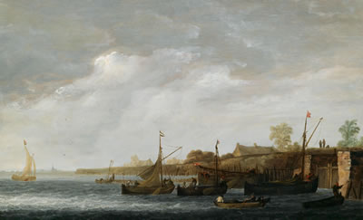 Fishing boats by a lock on a Dutch canal