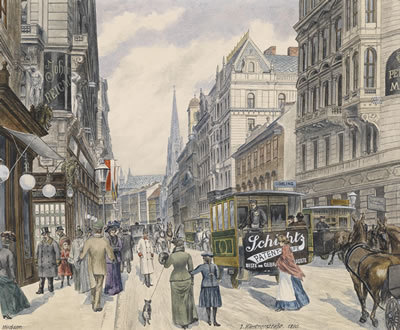Kärntnerstraße with horse carts and passers-by by Max Neubauer - Auction record, sale price, and art valuation. Compare with similar artists and explore comparable artworks.