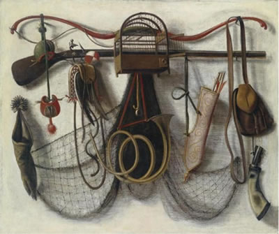 A trompe-l'oeil still life of hunting utensils