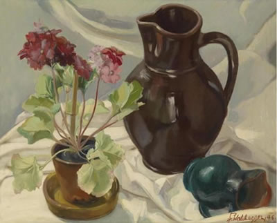 A still life with primroses and jugs