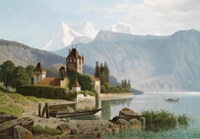 View of Castle Oberhofen on Lake Thun