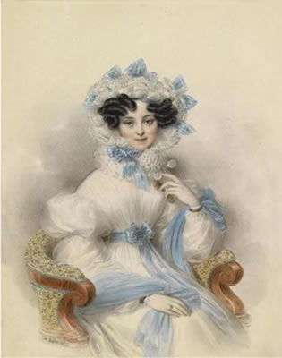 A portrait of Archduchess Henriette of Österreich (Austria) in a white dress with blue ribbons, seated in an armchair
